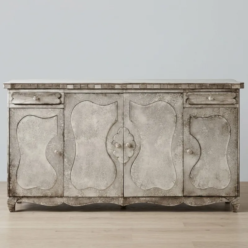 Antik Silber Decò Luxus Sideboard mit Handgravierten Facettentüren Vorderansicht von Luxury Group International