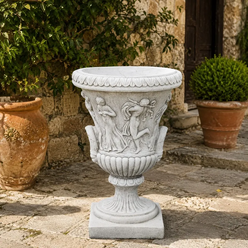 Baroque Classical Urn Garden Planter with Sculpted Figure Ornamentation - Luxury Planters Front View by Luxury Group International