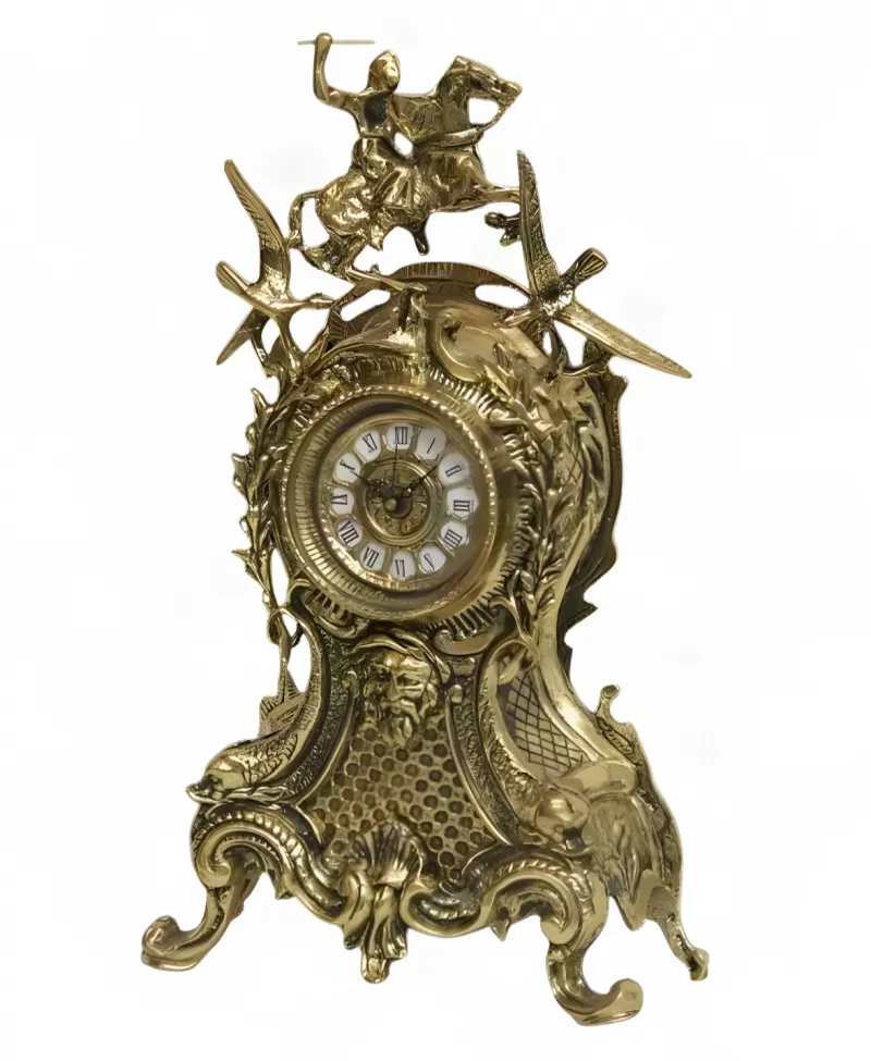 Baroque Golden Bronze Luxury Table Clock with Equestrian Rider and Flying Bird Crest Front View by Luxury Group International