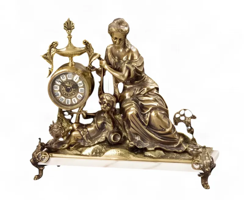 Baroque Golden Bronze Table Clock with Seated Lady and Cherub Sculpture - Luxury Table Clock Front View by Luxury Group International