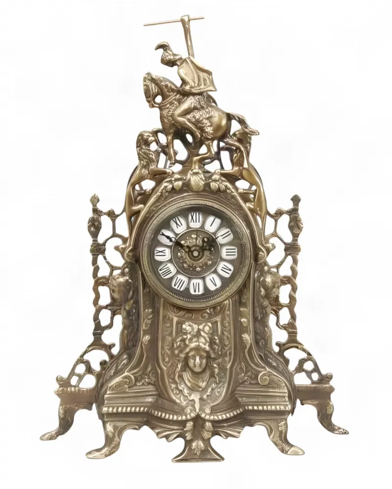 Baroque Luxury Bronze Table Clock with Equestrian Rider Crest and Flanking Lions Baroque Luxury Bronze Table Clock with Equestrian Rider Crest and Flanking Lions by Luxury Group International