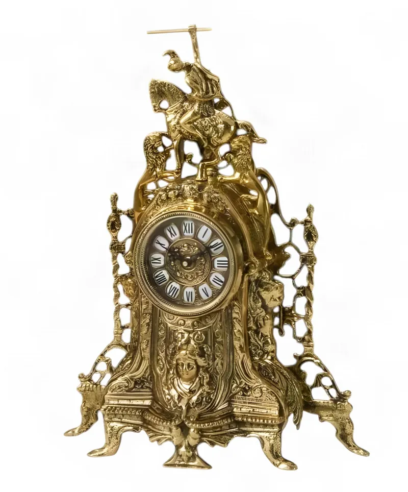 Baroque Luxury Bronze Table Clock with Equestrian Rider Crest and Flanking Lions Baroque Luxury Bronze Table Clock with Equestrian Rider Crest and Flanking Lions by Luxury Group International