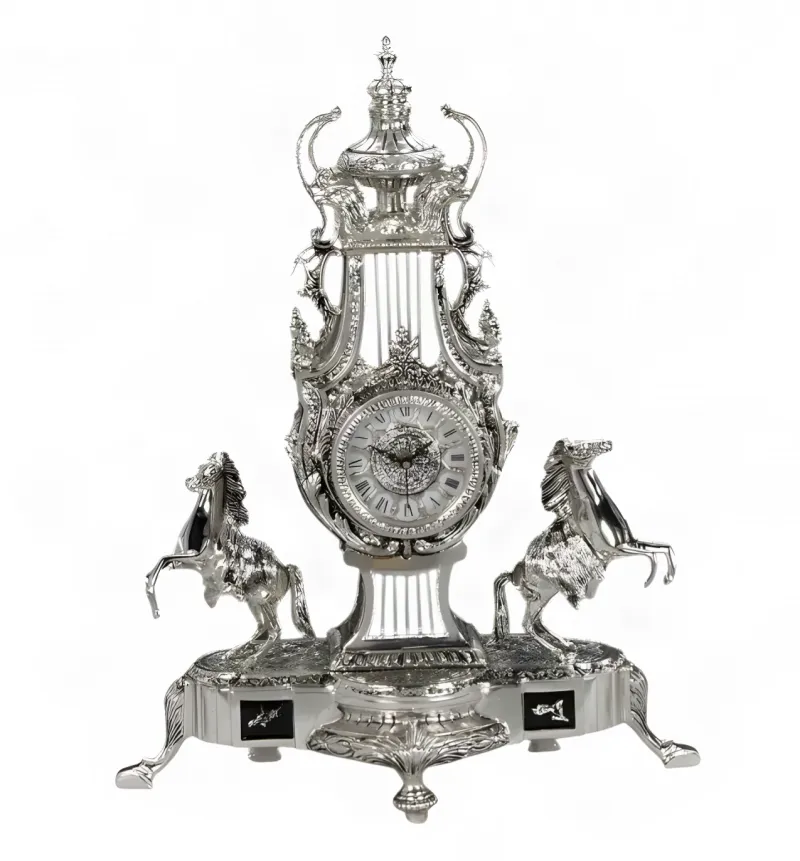 Baroque Luxury Bronze Table Clock with Twin Rearing Horses and Urn Finial by Luxury Group International