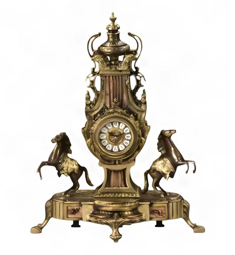 Baroque Luxury Bronze Table Clock with Twin Rearing Horses and Urn Finial by Luxury Group International