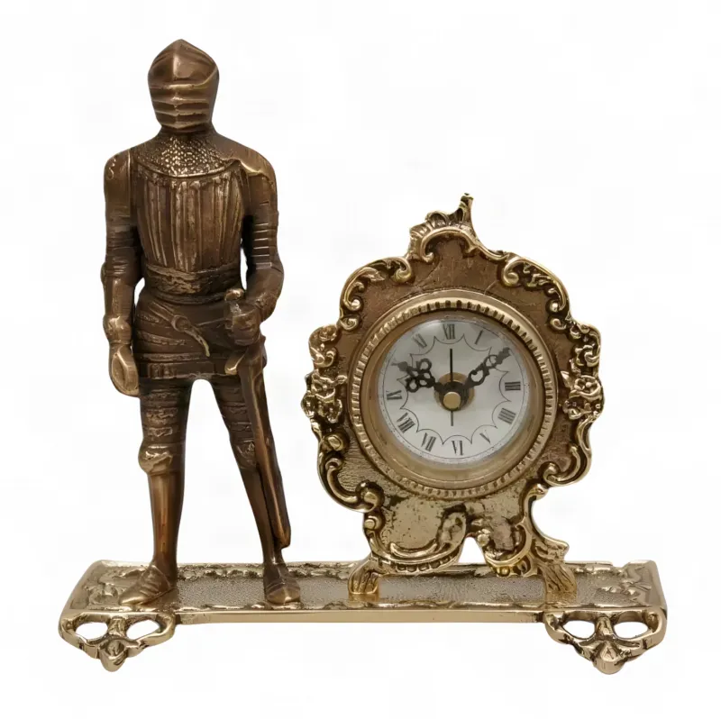 Baroque Luxury Golden Bronze Table Clock with Armoured Knight and Sword Front View by Luxury Group International