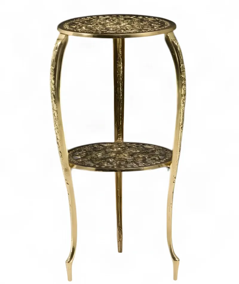 Barocker Luxus-Zweistöckiger Beistelltisch mit Durchbrochenem Blumenregal in Goldfinish – Luxus-Beistelltische Vorderansicht von Luxury Group International