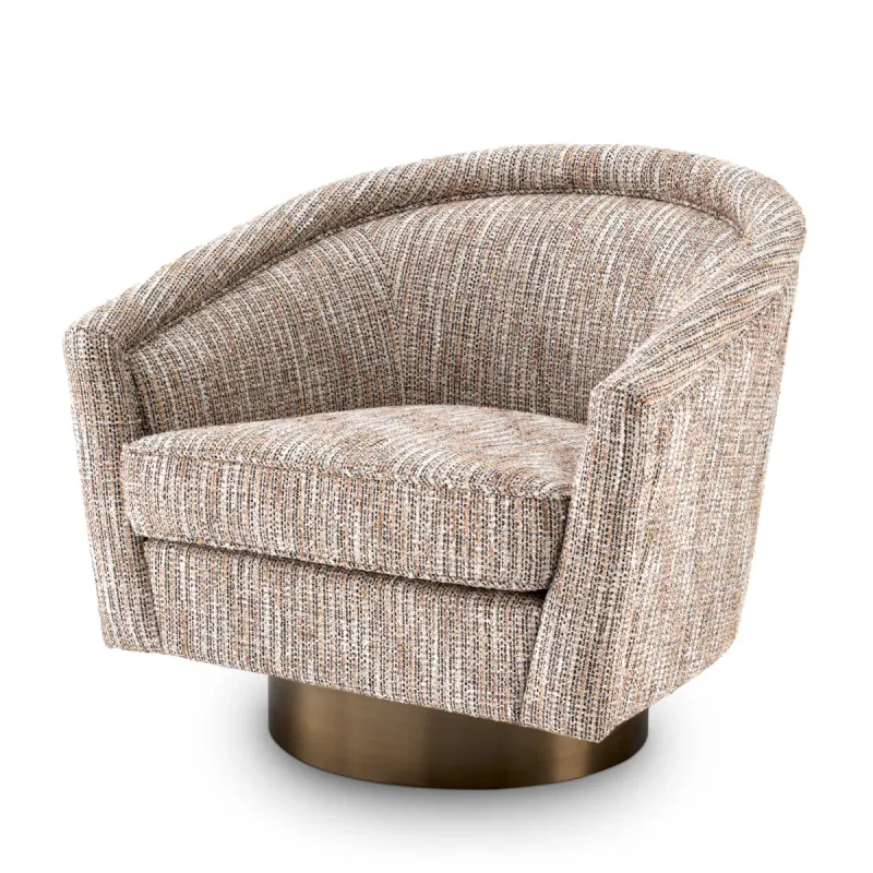 Beige Bouclé Armchair with Curved Backrest and Bronze Swivel Base - Luxury Hotel Furniture Front View by Luxury Group International