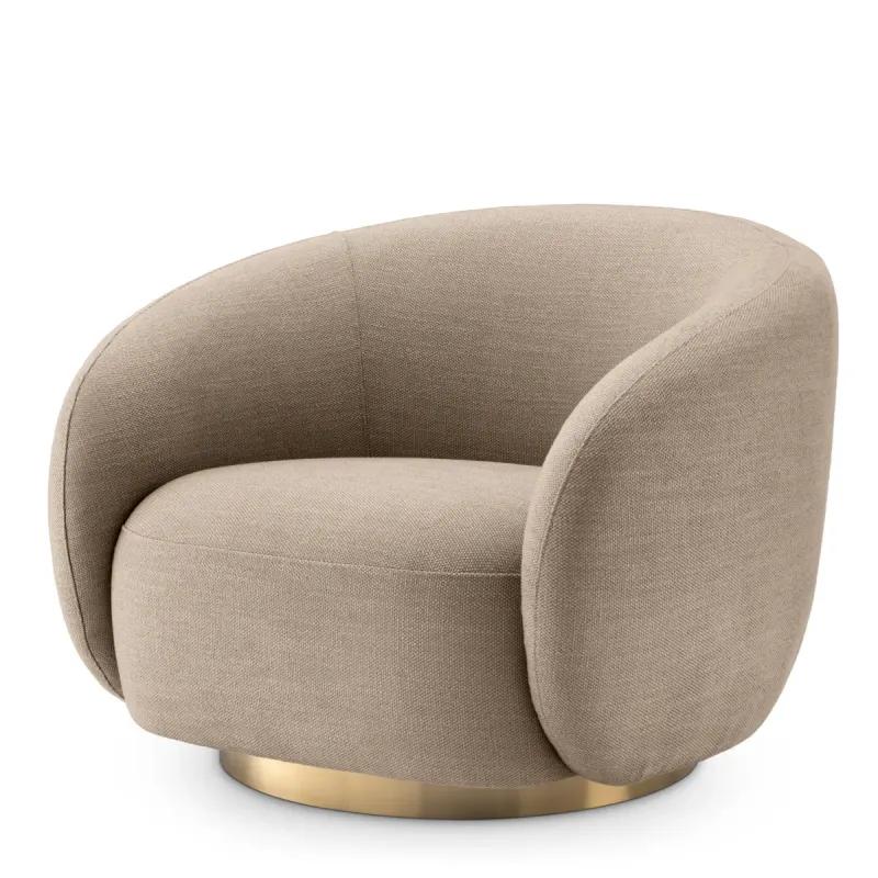 Beige Armchair with Curved Backrest and Golden Swivel Base - Luxury Hotel Furniture Front View by Luxury Group International