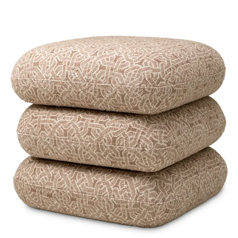 Beige Patterned Upholstered Stool with Stacked Cushion Design - Luxury Hotel Furniture Front View by Luxury Group International