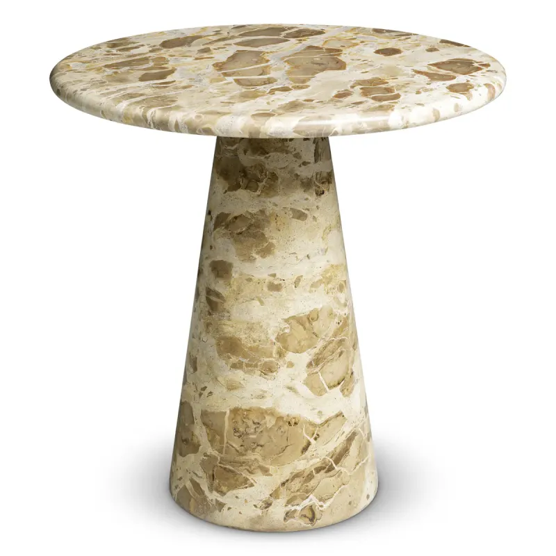 Beige Round Marble Side Table with Conical Pedestal Base - Luxury Hotel Furniture Beige Round Marble Side Table with Conical Pedestal Base - Luxury Hotel Furniture Front View by Luxury Group International
