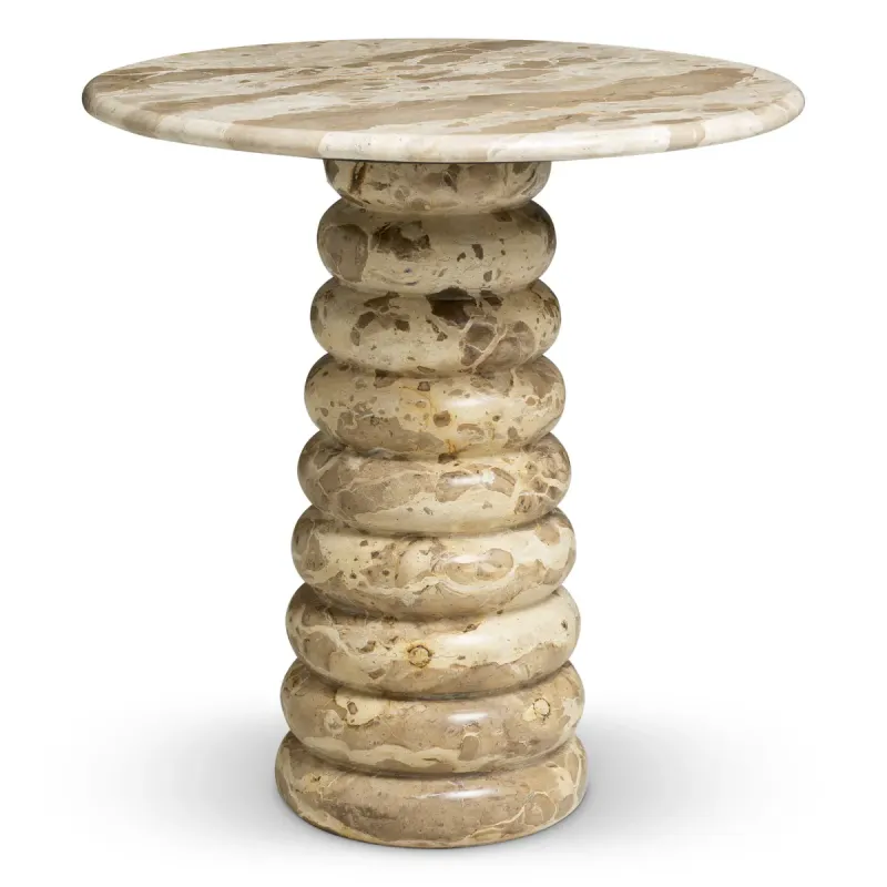 Beige Round Marble Side Table with Sculptural Stacked Pedestal Base - Luxury Side Table Beige Round Marble Side Table with Sculptural Stacked Pedestal Base - Luxury Side Table Front View by Luxury Group International