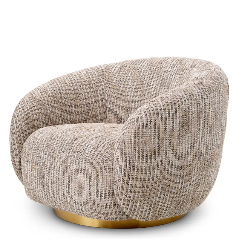 Beige Textured Fabric Lounge Chair with Curved Backrest and Golden Base - Luxury Hotel Furniture Front View by Luxury Group International