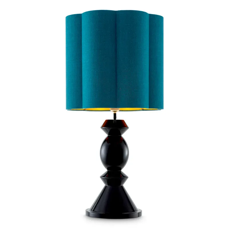 Black Sculptural Table Lamp with Teal Fabric Shade and Geometric Base - Luxury Hotel Furniture Front View by Luxury Group International