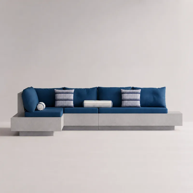 Blaues Luxus L-förmiges Betonsofa mit Polstersitz und geometrischem Design – Gartenmöbel Vorderansicht von Luxury Group International