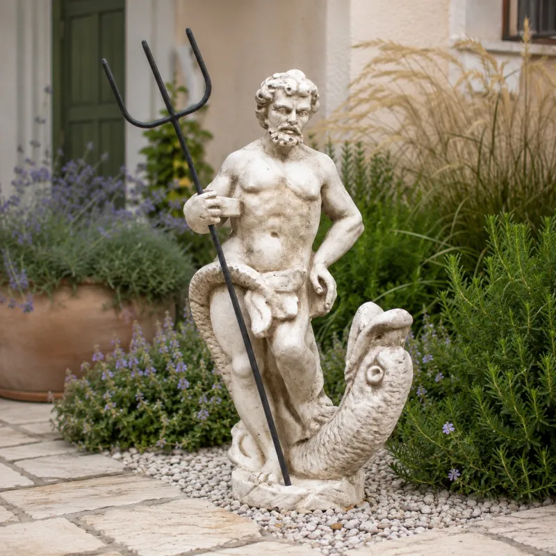 Classical Neptune Luxury Garden Sculpture with Trident and Marine Detail - Luxury Classic Sculpture Front View by Luxury Group International