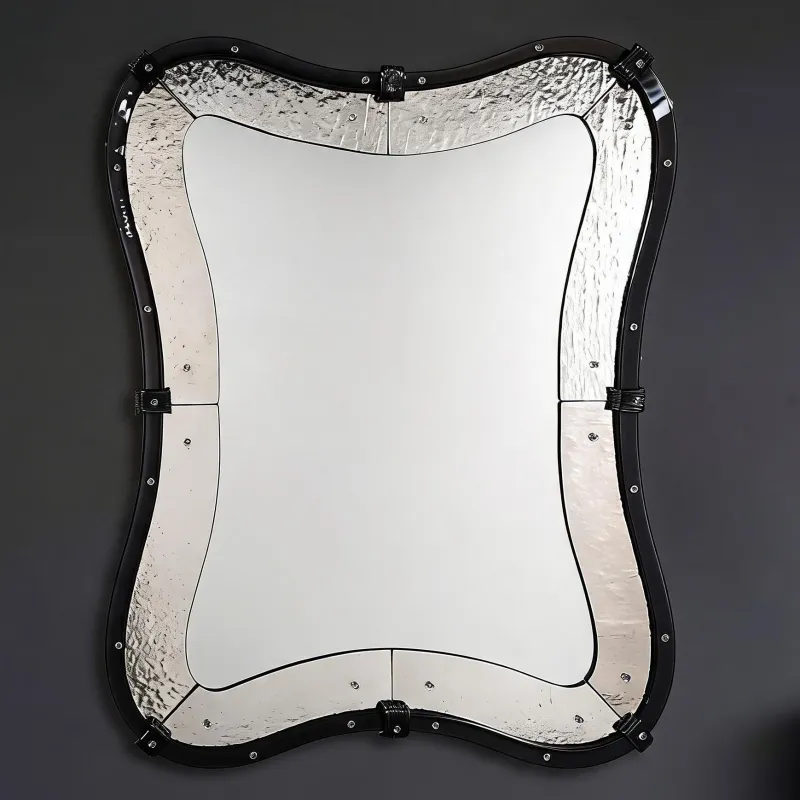Espejo de Pared Curvo de Lujo Contemporáneo con Marco Negro Brillante y Paneles de Vidrio Martillado Plateado Vista frontal por Luxury Group International