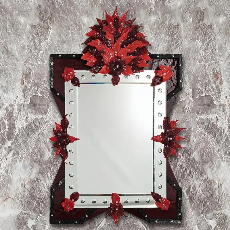 Miroir Mural de Luxe Contemporain à Motifs Floraux Rouges avec Cadre en Verre Bourgogne et Accents en Cristal Vue de face par Luxury Group International
