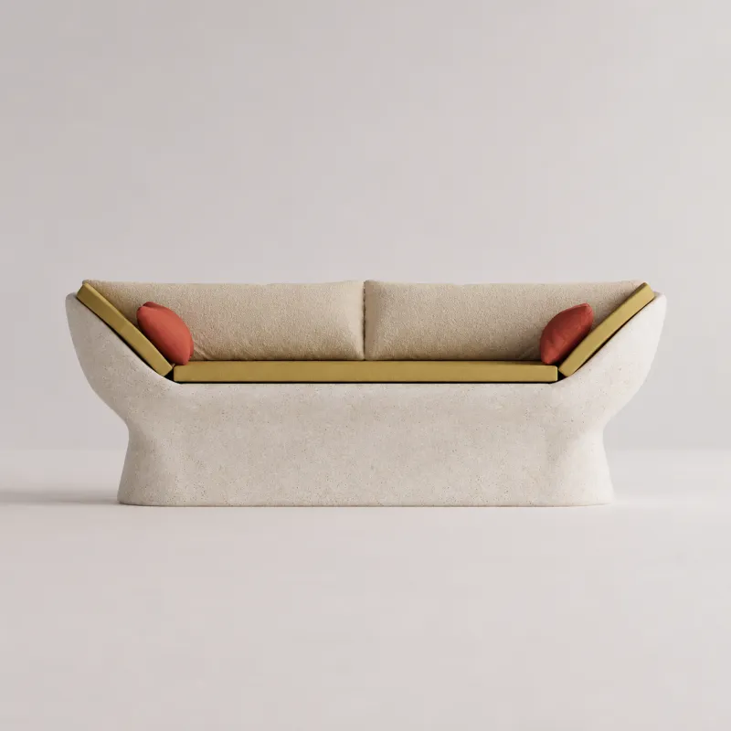 Cream Luxury Concrete Outdoor Sofa with Mustard Yellow Upholstery - Outdoor Furniture Front View by Luxury Group International