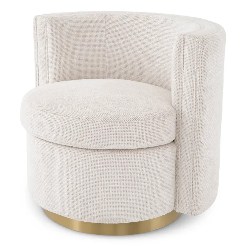 Cream Textured Fabric Lounge Chair with Curved Backrest and Golden Base - Luxury Hotel Furniture Front View by Luxury Group International