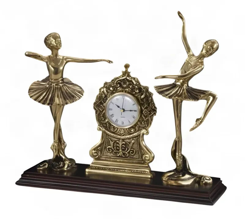Luxury Twin Ballerina Bronze Table Clock with Ornate Baroque Dial - Luxury Bronze Sculpture Front View by Luxury Group International