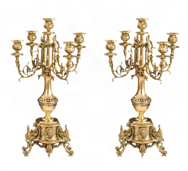 Pair of Luxury Baroque Bronze Five-Light Candle Holders with Ornate Pedestal Base - Candle Holder Front View by Luxury Group International