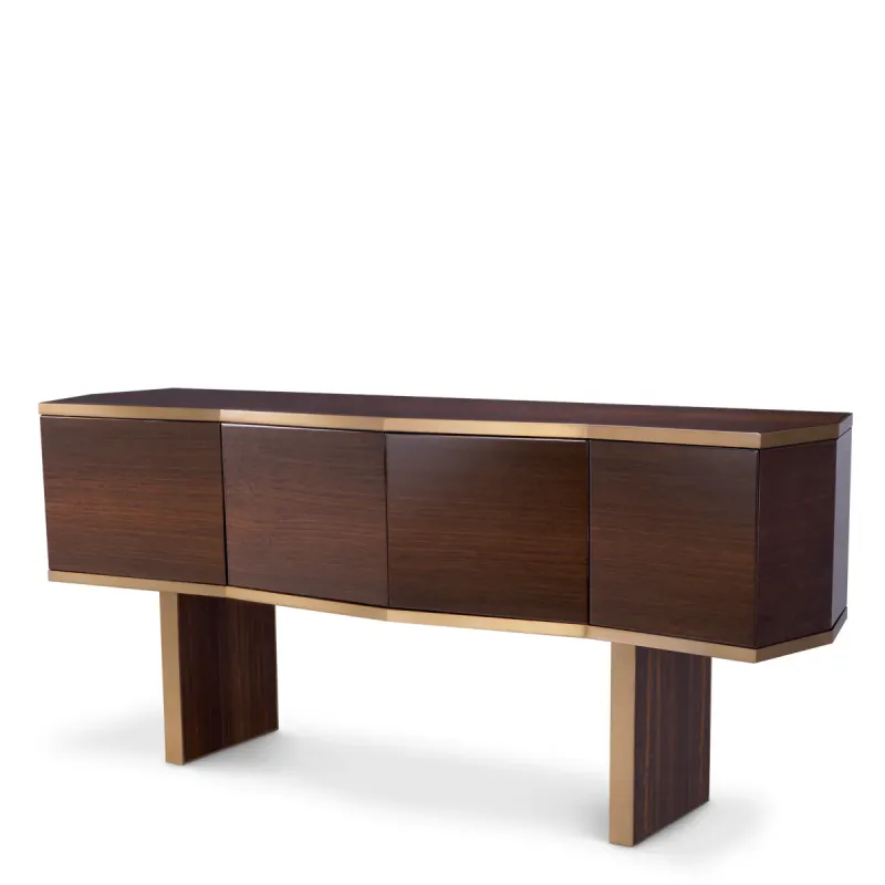 Dark Brown Wooden Sideboard with Golden Metal Trim and Four Door Storage - Luxury Hotel Furniture Front View by Luxury Group International