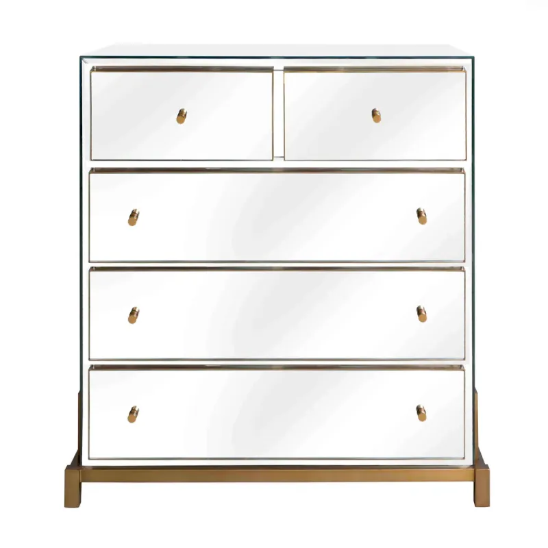 Luxury Clear Mirrored Five-Drawer Chest with Gold Metal Frame - Luxury Sideboard Cabinet by Luxury Group International