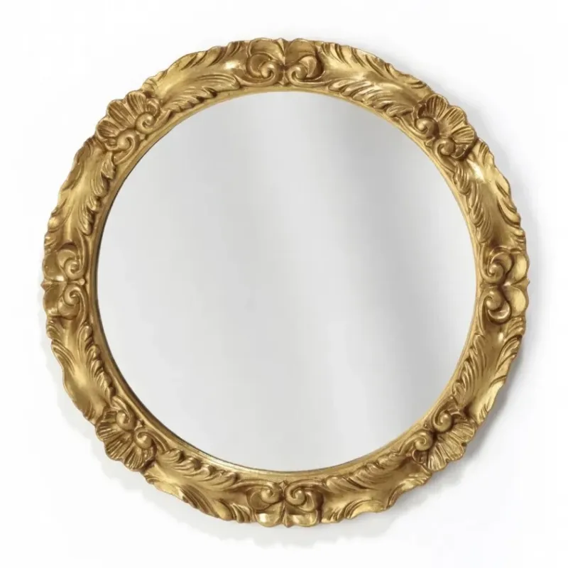 Golden Round Luxury Wall Mirror with Sculpted Baroque Acanthus Leaves - Baroque Mirrors Front View by Luxury Group International