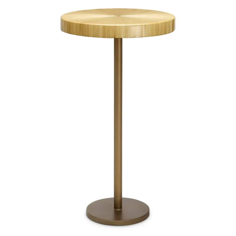 Golden Round Metal Side Table with Slim Pedestal and Circular Base - Luxury Hotel Furniture Front View by Luxury Group International
