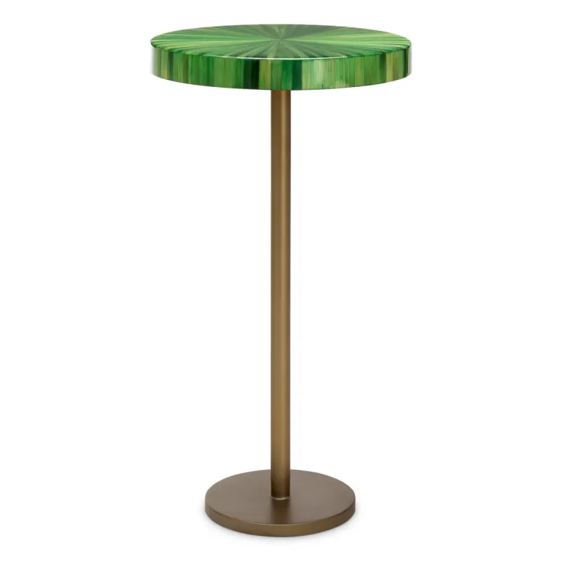 Mesita auxiliar verde con tablero redondo y base de metal dorado - Mobiliario para hoteles de lujo Vista frontal por Luxury Group International