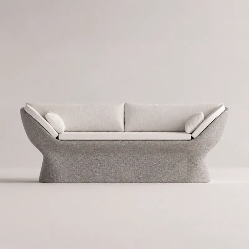 Grey Luxury Concrete Outdoor Sofa with White Upholstered Cushions- Outdoor Furniture Front View by Luxury Group International