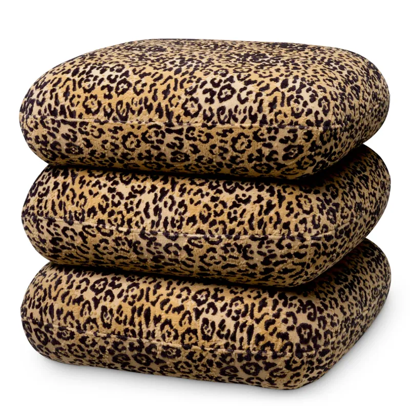 Leopard Print Fabric Ottoman Stool with Rounded Cushioned Design - Luxury Hotel Furniture Front View by Luxury Group International