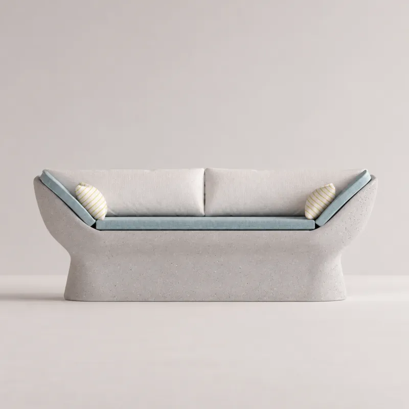 Light Grey Luxury Concrete Outdoor Sofa with Teal Blue Upholstery - Outdoor Furniture Front View by Luxury Group International