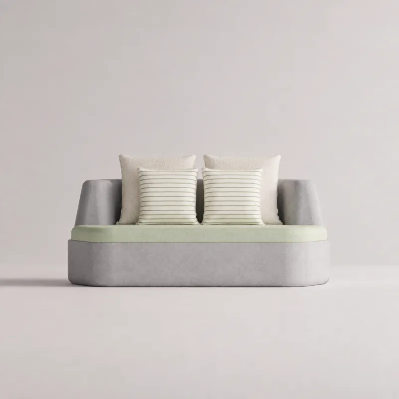 Divano Curvo da Esterno Grigio Chiaro e Verde Menta con Cuscini – 178 cm - Mobili di Lusso per Hotel Vista frontale di Luxury Group International