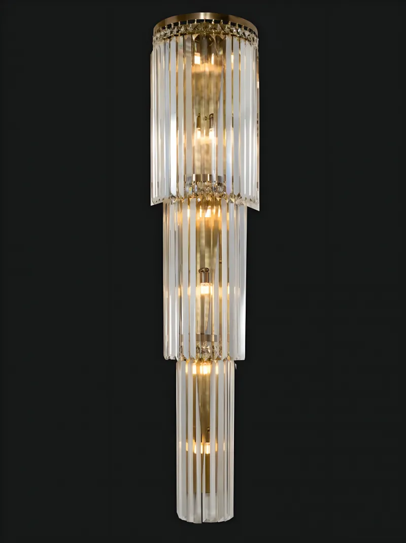 Luxury 3 -Tier Crystal Wall Sconce in Antique Brass Finish Crystal Lamp Front View by Luxury Group International