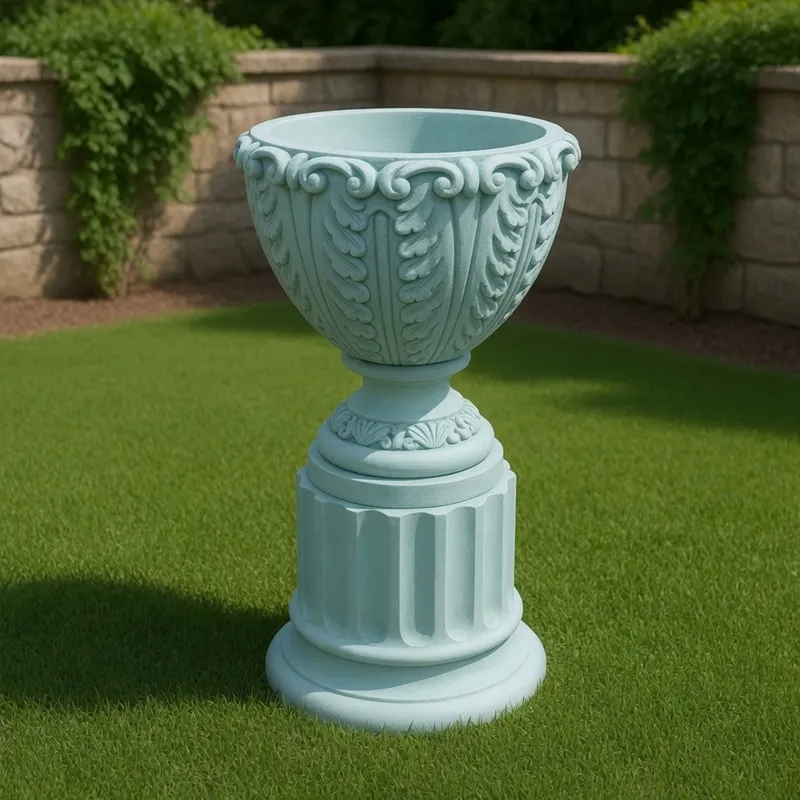 Jardinière urne de jardin de luxe à feuilles d'acanthe avec bordure sculptée en volute - Jardinières de luxe Vue de face par Luxury Group International