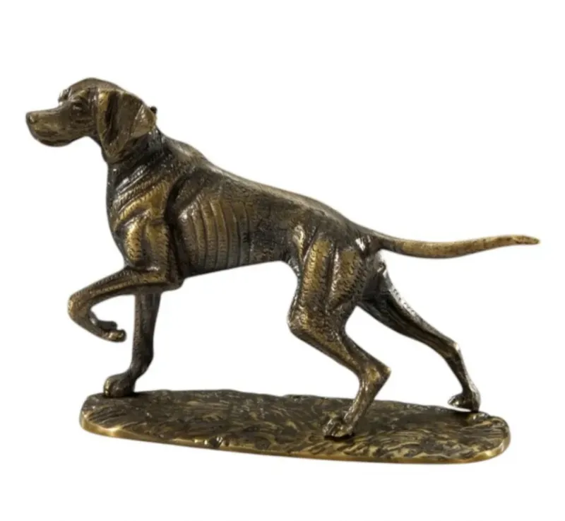Luxury Alert Hunting Dog Sculpture in Antique Bronze Finish with Textured Ground Base Front View by Luxury Group International