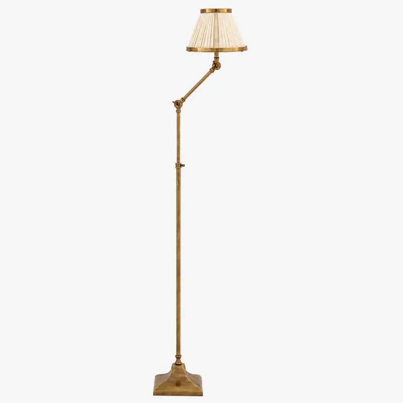 Luxury Antique Brass Adjustable Floor Lamp with Pleated Shade Front View by Luxury Group International