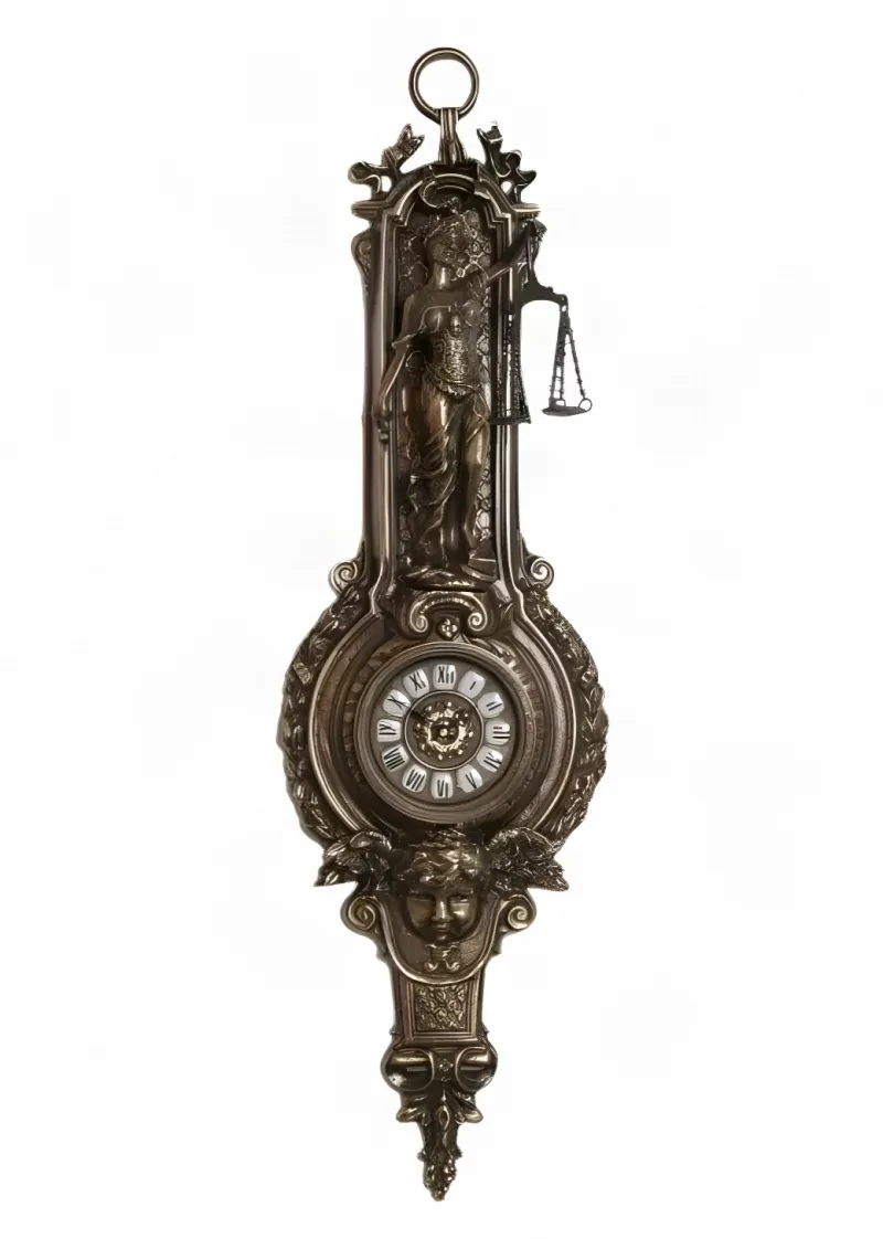 Luxury Antique Bronze Wall Clock with Baroque Lady Justice Relief and Scales Front View by Luxury Group International