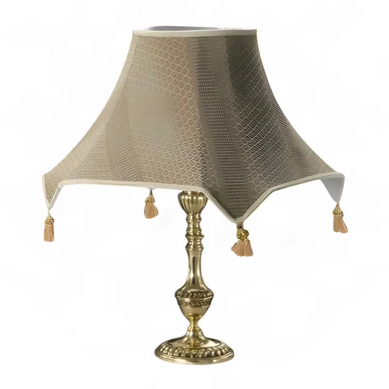 Luxury Antique Gold Table Lamp with Taupe Pagoda Shade and Tassels - Luxury Table Lamp Front View by Luxury Group International