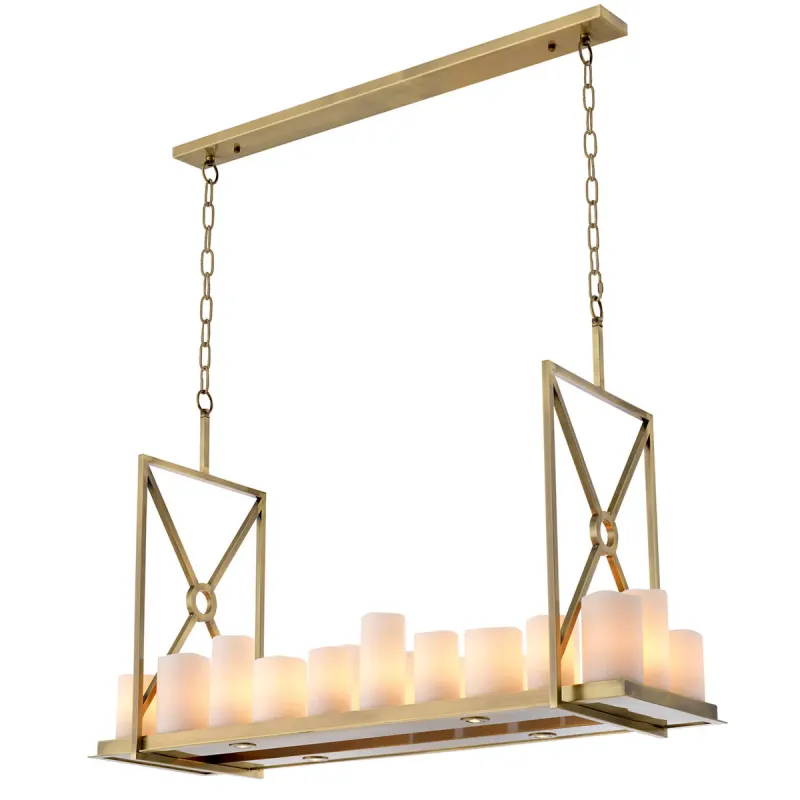 Luxury Art Deco Linear Chandelier in Brushed Brass Gold with Frosted Cylinders by Luxury Group International