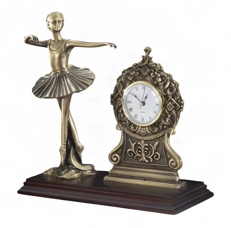 Luxury Ballerina Figurine Bronze Table Clock with Ornate Scrollwork - Luxury Bronze Sculpture by Luxury Group International