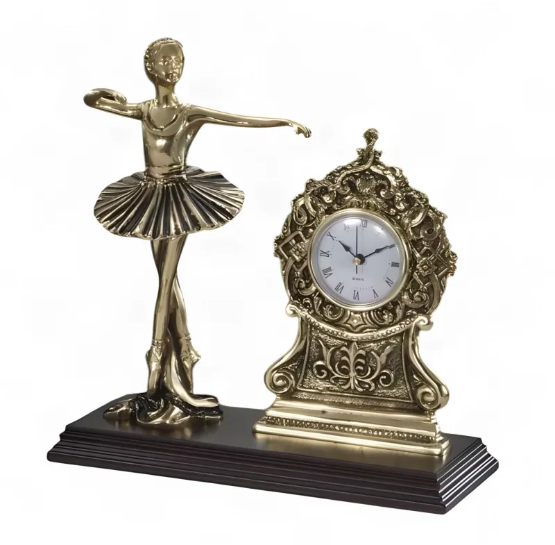 Luxury Ballerina Figurine Bronze Table Clock with Ornate Scrollwork - Luxury Bronze Sculpture by Luxury Group International