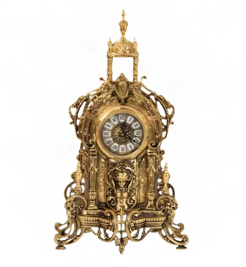 Luxury Baroque Bronze Dome Table Clock with Roman Numeral Dial in Golden Finish Front View by Luxury Group International