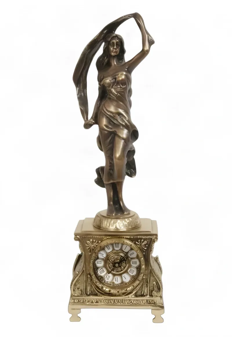 Orologio da Tavolo di Lusso in Bronzo Barocco con Donna che Tiene un Nastro Fluttuante di Luxury Group International