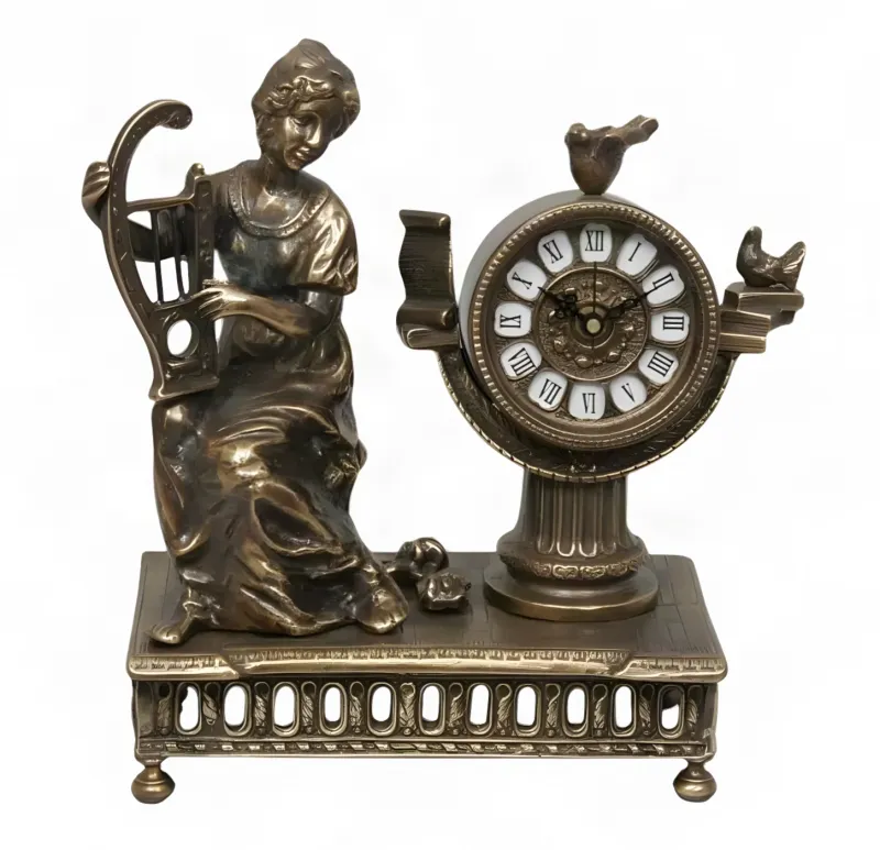 Reloj de Mesa Barroco de Bronce de Lujo con Jugadora de Lira y Pájaros Esculpidos por Luxury Group International