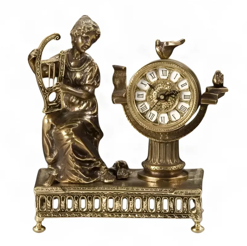 Reloj de Mesa Barroco de Bronce de Lujo con Jugadora de Lira y Pájaros Esculpidos por Luxury Group International