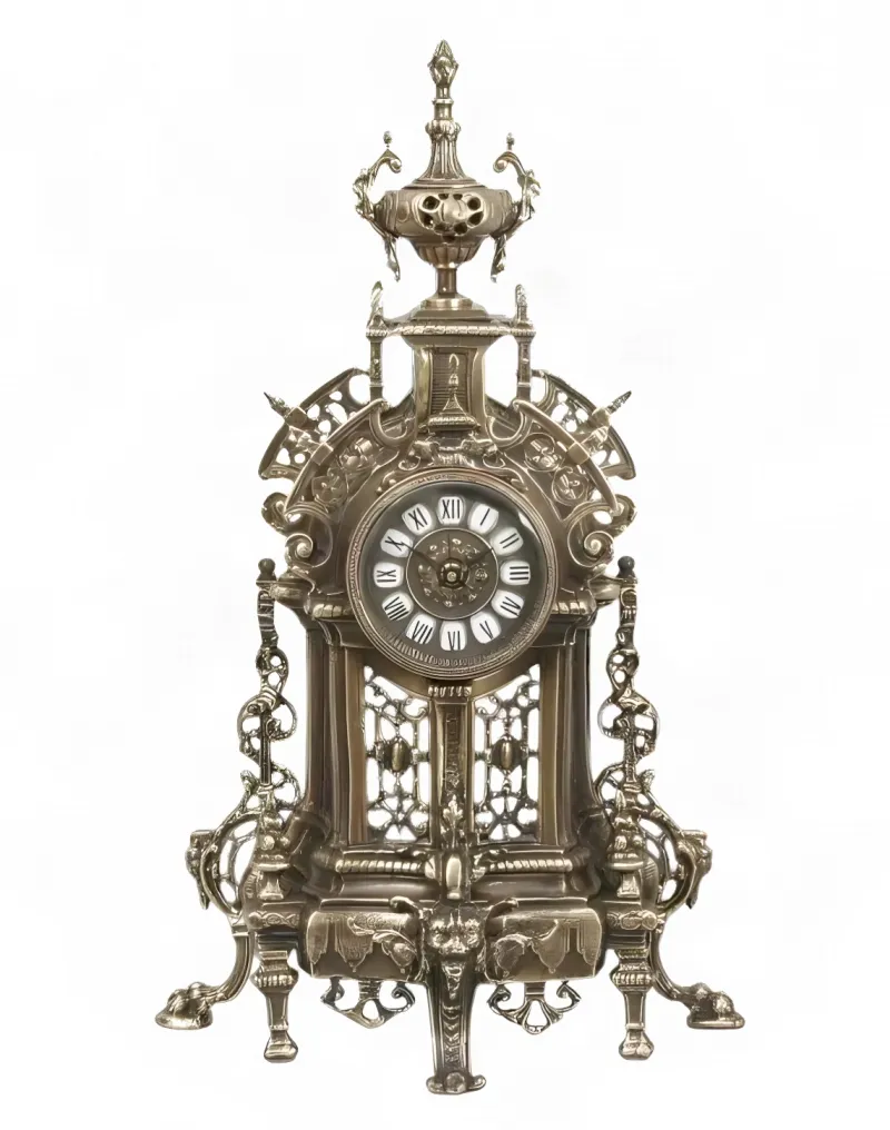 Luxury Baroque Bronze Table Clock with Ornate Urn Crest and Lattice Panels by Luxury Group International