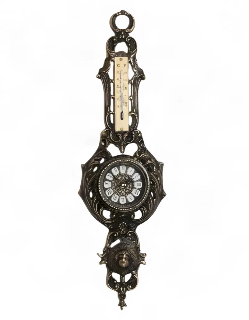 Luxury Baroque Bronze Wall Clock with Thermometer and Sculpted Face Medallion by Luxury Group International