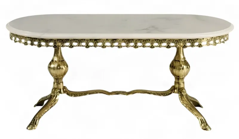 Luxus Barock-Couchtisch mit ovaler Marmorplatte und skulpturalem Sockel aus Bronze Vorderansicht von Luxury Group International